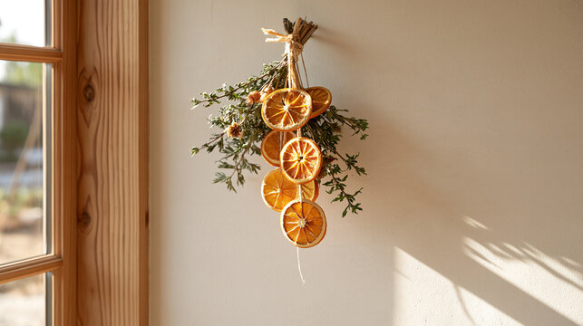 Orange rounds dangle beneath a bundle of dried foliage