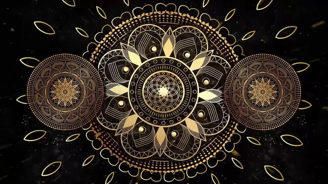 Abstract luxury golden mandala ornamental pattern with floating particles on dark background