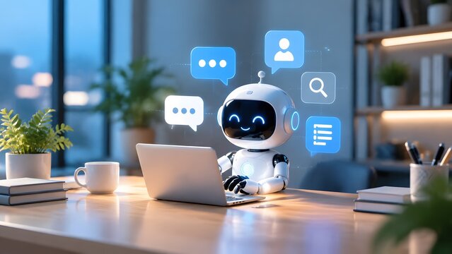 A cheerful AI robot sitting at a modern office desk using a laptop with floating digital communication icons representing social media and data connectivity tasks.