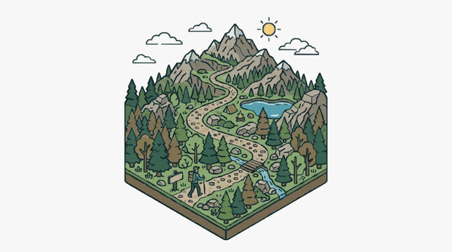 Isometric Mountain Landscape with Forest and Lake.