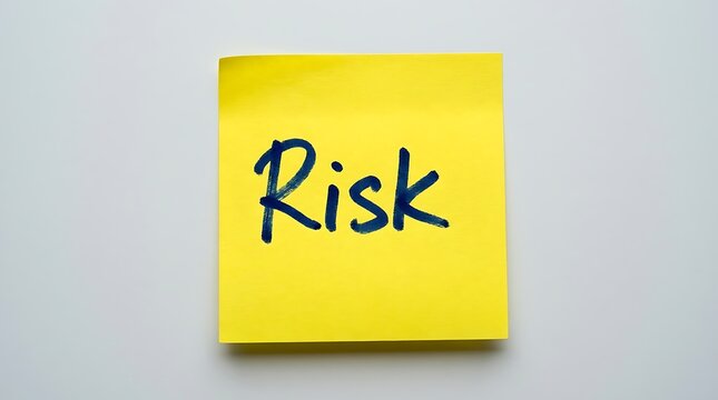 The word risk handwritten in black marker on a bright yellow sticky note