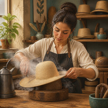 Hat maker shaping a woven brim with gentle steam