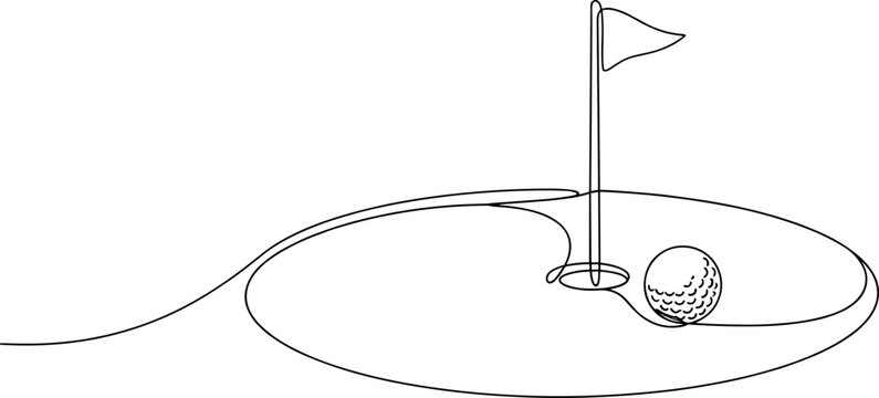 Single continuous line art of a golf ball near a hole with a flag on a green field.