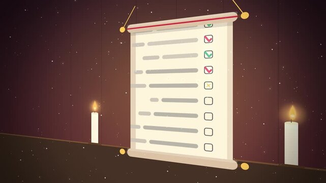 Christmas list scroll unrolling with check marks and two candles