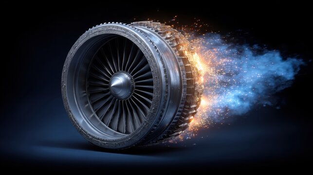 Powerful Turbine Engine with Dynamic Flames and Smoke Effect in Dark Background for Aviation and Technology Themes