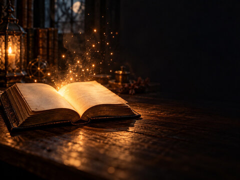 Open book glowing with golden magical sparks on a dark table