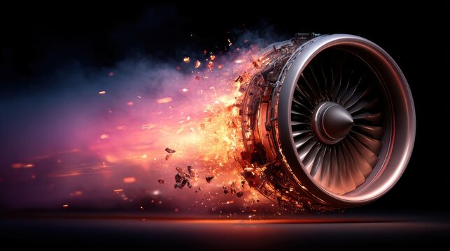Dynamic Turbojet Engine with Flames and Smoke Illustrating Speed and Power in a Futuristic Setting