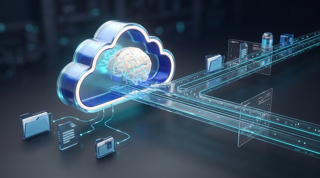 Digital cloud computing concept featuring human brain icon for artificial intelligence data processing and secure network storage architecture in futuristic 3D rendered server room environment