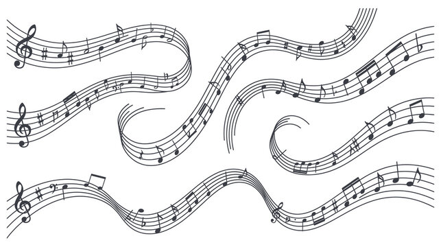 Various curved musical staff sets with black notes and symbols.