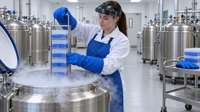 Female scientist handles cryobox rack in liquid nitrogen tank in a laboratory