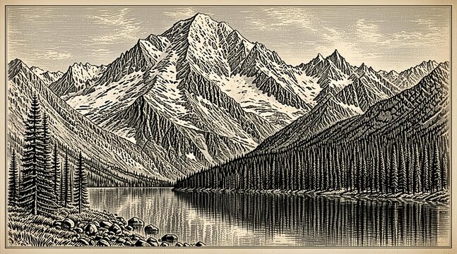 Majestic Mountain Peaks Reflected in Serene Lake with Dense Forest Landscape, Vintage Engraving
