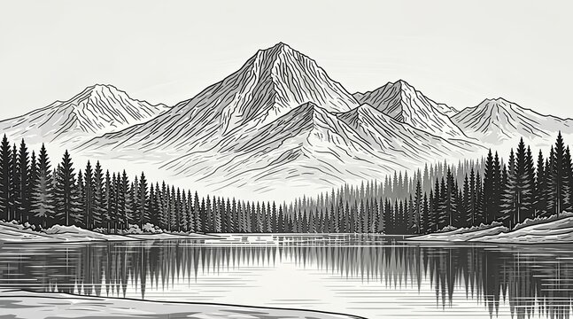 Black and white ink sketch of mountain peaks reflected in calm lake with pine forest scenery