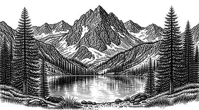 Hand Drawn Mountain Landscape with Lake and Pine Trees in Engraving Style