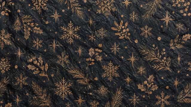 Gold snowflake and pine sprig background on dark crumpled paper. Fine leaf motifs and small stars form a rich winter pattern. Christmas gift wrap for card and banner design.