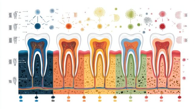 Detailed Illustration of Tooth Anatomy and Structure with Labels for Dental Education and Research Purposes