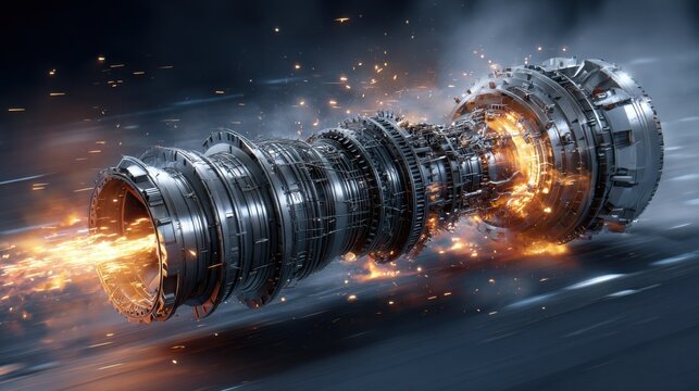 High-Detail Industrial Engine Component with Explosive Flames and Dynamic Energy Motion in a Dark Background Scene