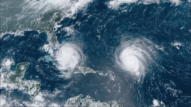 Powerful Hurricanes Approaching Caribbean and Southern United States with Dramatic Storm Cloud Patterns Above Ocean