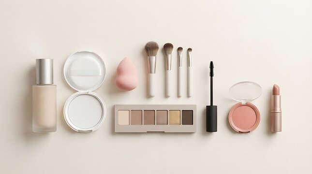 A flat lay collection of cosmetic tools and products for helpful beginner makeup tips on a neutral background top view