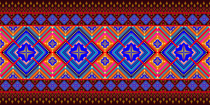 &bull; Vibrant geometric ethnic pattern background. Traditional tribal textile vector illustration with colorful diamond shapes, orange and blue embroidery style, for fashion design, fabric print, and wall