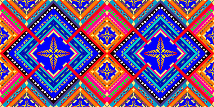&bull; Vibrant geometric ethnic pattern background. Traditional tribal textile vector illustration with colorful diamond shapes, orange and blue embroidery style, for fashion design, fabric print, and wall