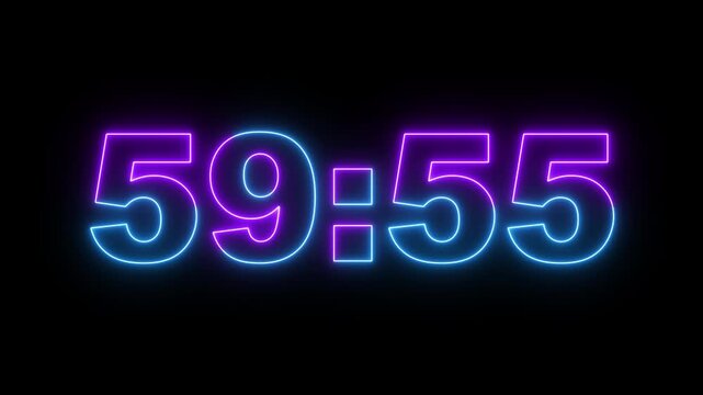 Neon digital countdown 60 to 59 minutes timer clock, glowing purple and blue glowing numbers on black background. 4k video motion graphic animation.