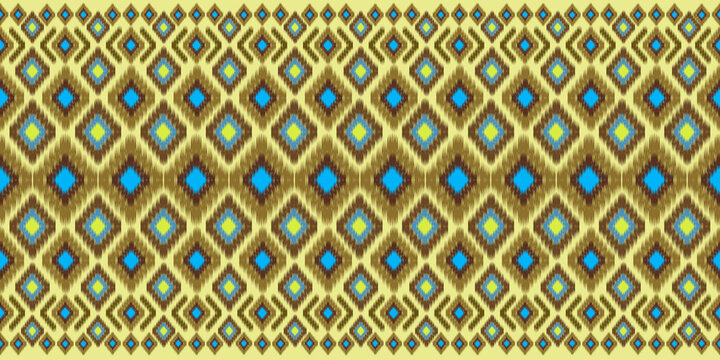 Ethnic geometric seamless pattern. Colorful tribal fabric texture with blue and yellow ornament on brown background for fashion and interior decoration.
