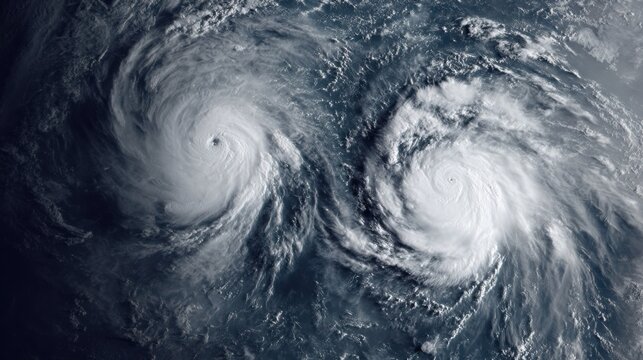 Dramatic Aerial View of Two Powerful Hurricanes in the Open Ocean Captured from Space, Showing Storm Patterns and Clouds