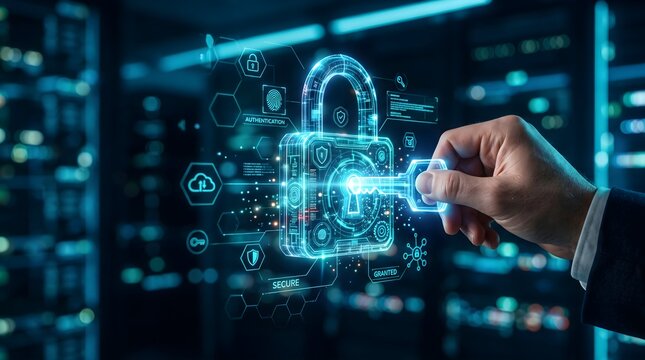 Cybersecurity digital key unlocking padlock in server room