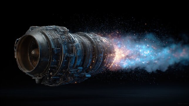 Futuristic Rocket Engine with Colorful Exhaust Flames in Dark Space Background