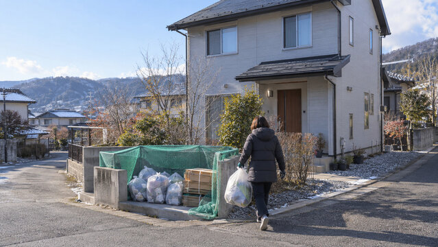雪残る地方住宅街で年末のごみを収集所へ運ぶ生活風景