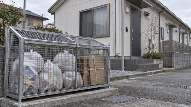 年末のゴミ出しと清潔な平屋アパートの外観