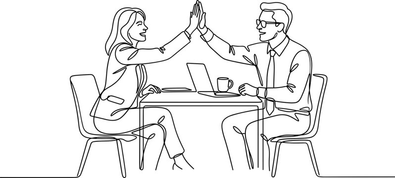 A line art illustration of a man and a woman giving a high five in an office setting.