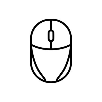 Computer mouse with scroll wheel and curved ergonomic body outline line art vector icon