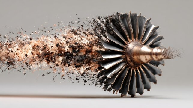 Turbine Engine Component in Motion Creating Dust and Particles in Dramatic High-Speed Burst Effect