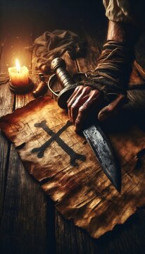 A dramatic, close-up shot of a pirates hand, holding a rusted cutlass, with a treasure map and a glowing candle in the background, on a wooden table, Ai generated image
