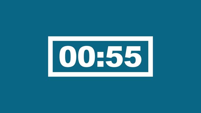01 minute Countdown timer. 01 to 00 minute Countdown timer on teal background. Minimalist digital countdown timer clock overlay, white numbers on teal background