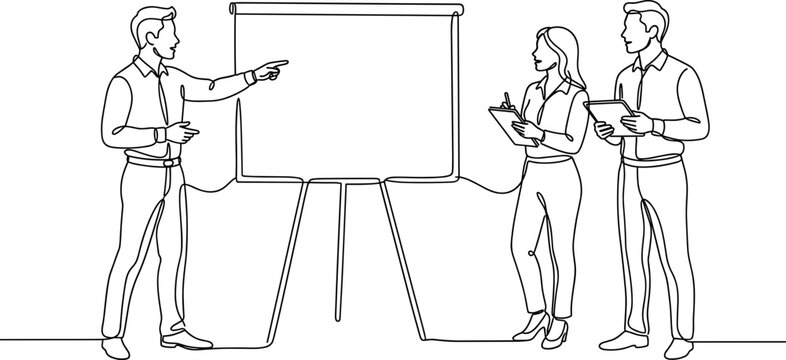 Line art illustration of business people attending a presentation meeting.