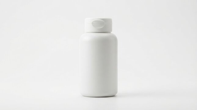 A blank white plastic pill bottle isolated on a plain white background