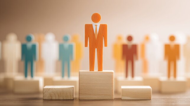 Business leadership illustration with confident leader standing on podium above a diverse team, symbolizing teamwork, management, collaboration, motivation, professional success, career growth, and or