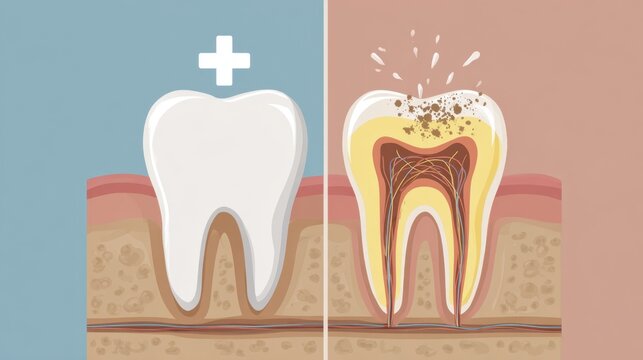 Detailed Comparison of Healthy Tooth Versus Cavities with Infographic Style Illustrations