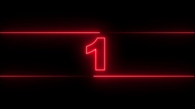 Glowing neon red numbers from 5 to 0 countdown in neon line and black background. Neon bright glowing countdown timer from 5 to 0. 4k video animation.