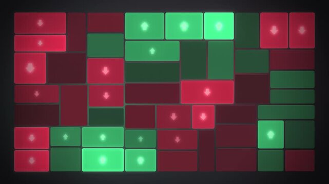 Market heatmap treemap of red and green tiles pulsing on charcoal