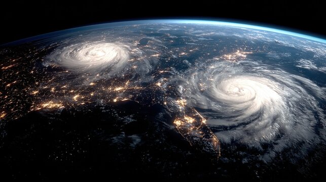 Stunning Satellite View of Two Massive Hurricanes Approaching the East Coast of the United States Under Night Sky
