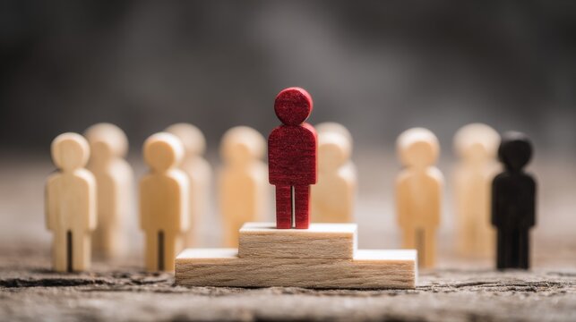 Confident business leader standing on podium above diverse professional team, symbolizing leadership, teamwork, management, collaboration, motivation, career growth, organizational success and achieve