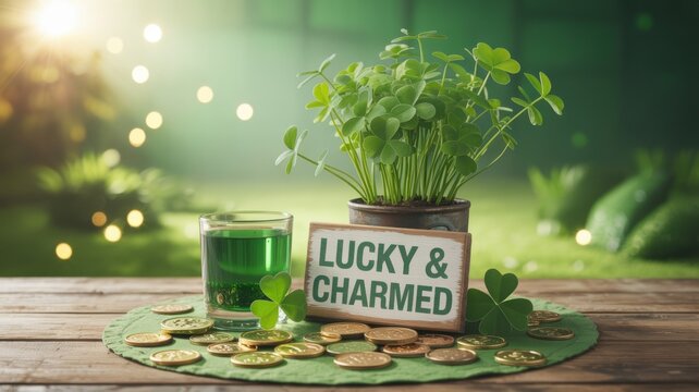Clover plant and golden coins with a green drink on a wooden table for a festive holiday celebration with coins celebratory sign