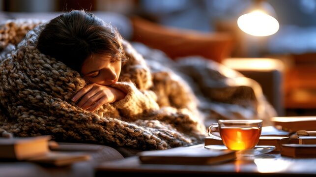 A cozy scene features a woman sleeping under a knitted blanket with a warm cup of tea nearby