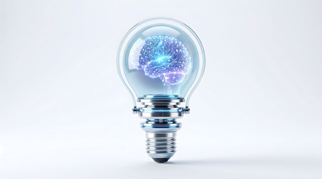 Glowing Brain Inside Light Bulb Representing Artificial Intelligence and Creative Idea