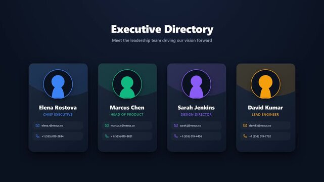 A 4K animated team directory featuring a deck-of-cards spread reveal and simulated time-based parallax hovering effects. Built perfectly safe for headless rendering.