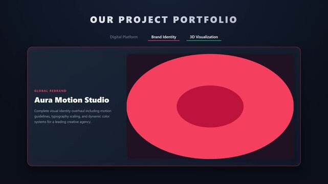 A 4K animated portfolio showcase featuring 3D card flip transitions between project tabs. Includes a simulated motion blur slide-in effect for the project visuals, entirely safe for headless rendering