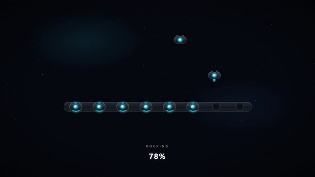 Premium 4K seamless loop of spacecraft modules breaking orbit and docking into a loading rail. Magnetic snap impacts, glowing ports and hologram readout for sci-fi, AI, tech and gaming videos.